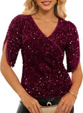 Velvet Sequin V Neck Top - Sparkling 3/4 Sleeve Party Top
