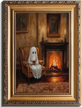 Vintage Gold Framed Wall Art - Cute Ghost Tea Halloween Print