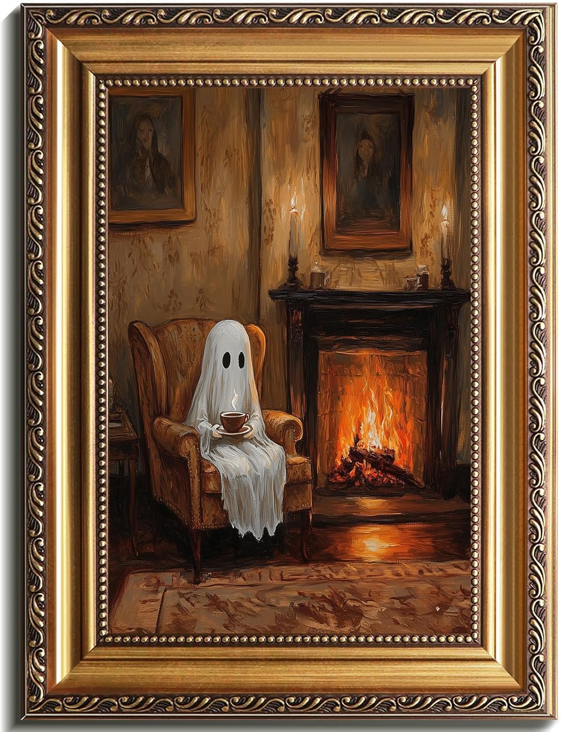 Vintage Gold Framed Wall Art with Cute Ghosts for Halloween