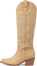 White Cowgirl Boot Knee High Western Boots - Embroidered Mid Heel