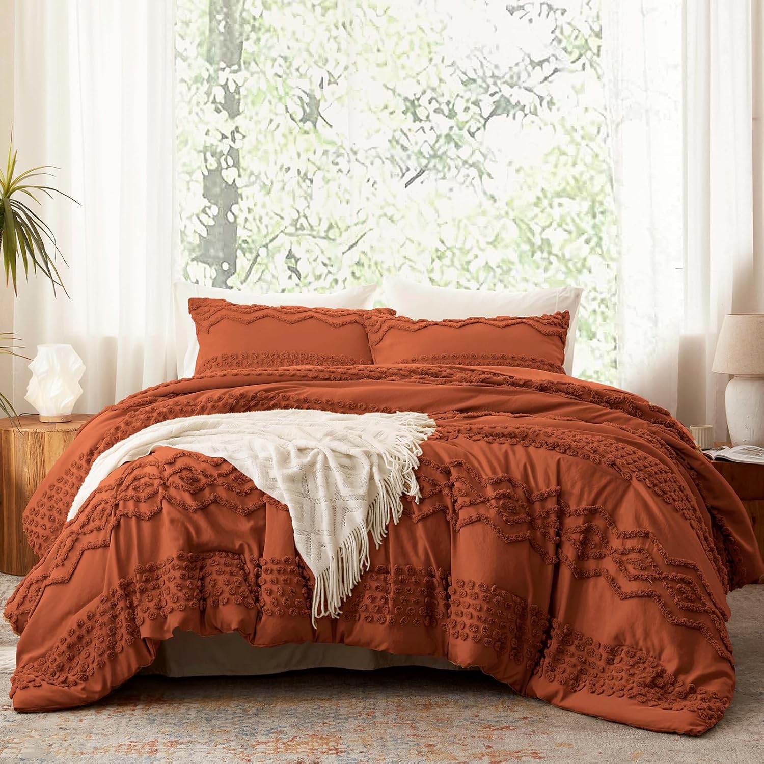Luxudecor Terracotta Boho Tufted Comforter Set for King Size