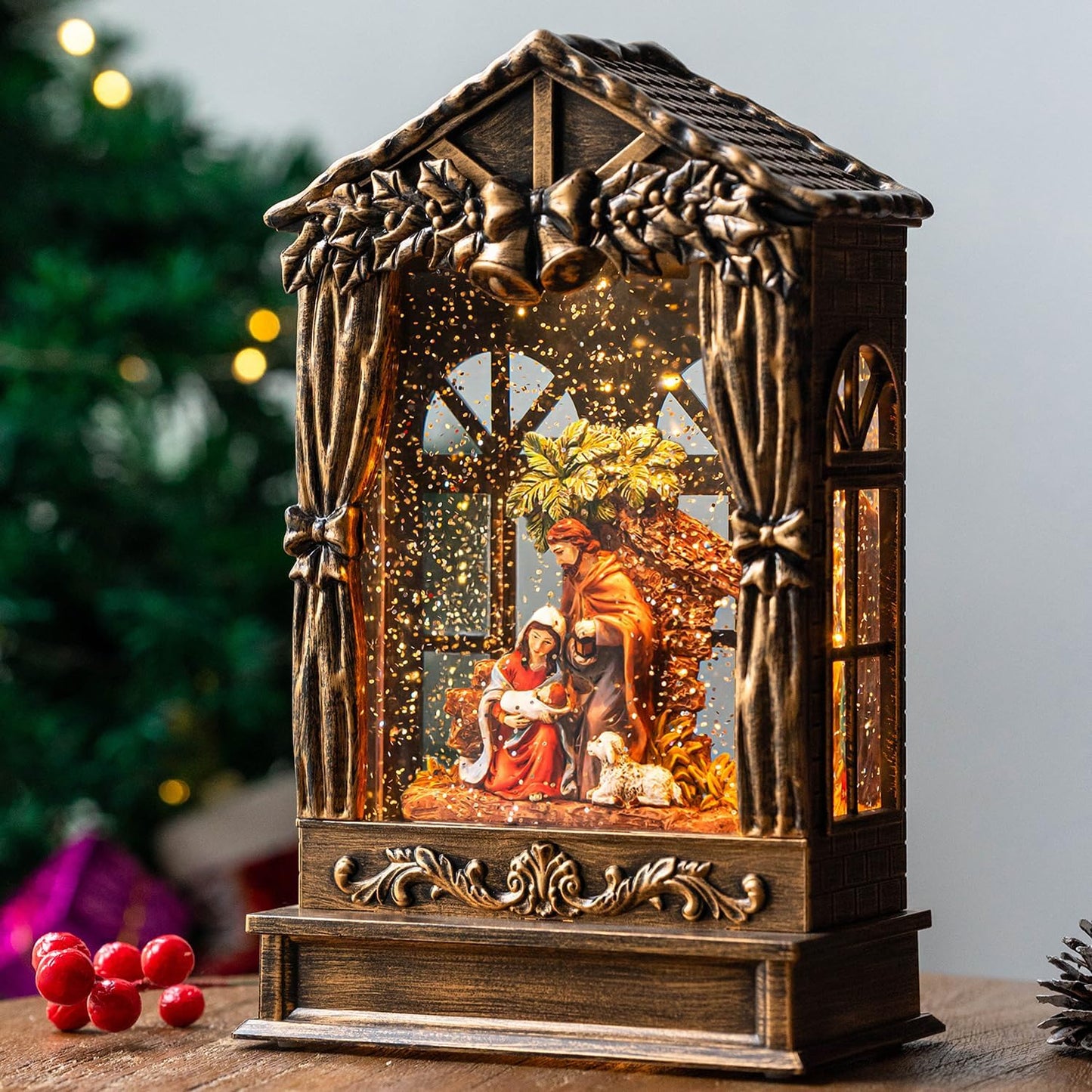 Lighted Manger Nativity Scene Snow Globe with Music for Holidays
