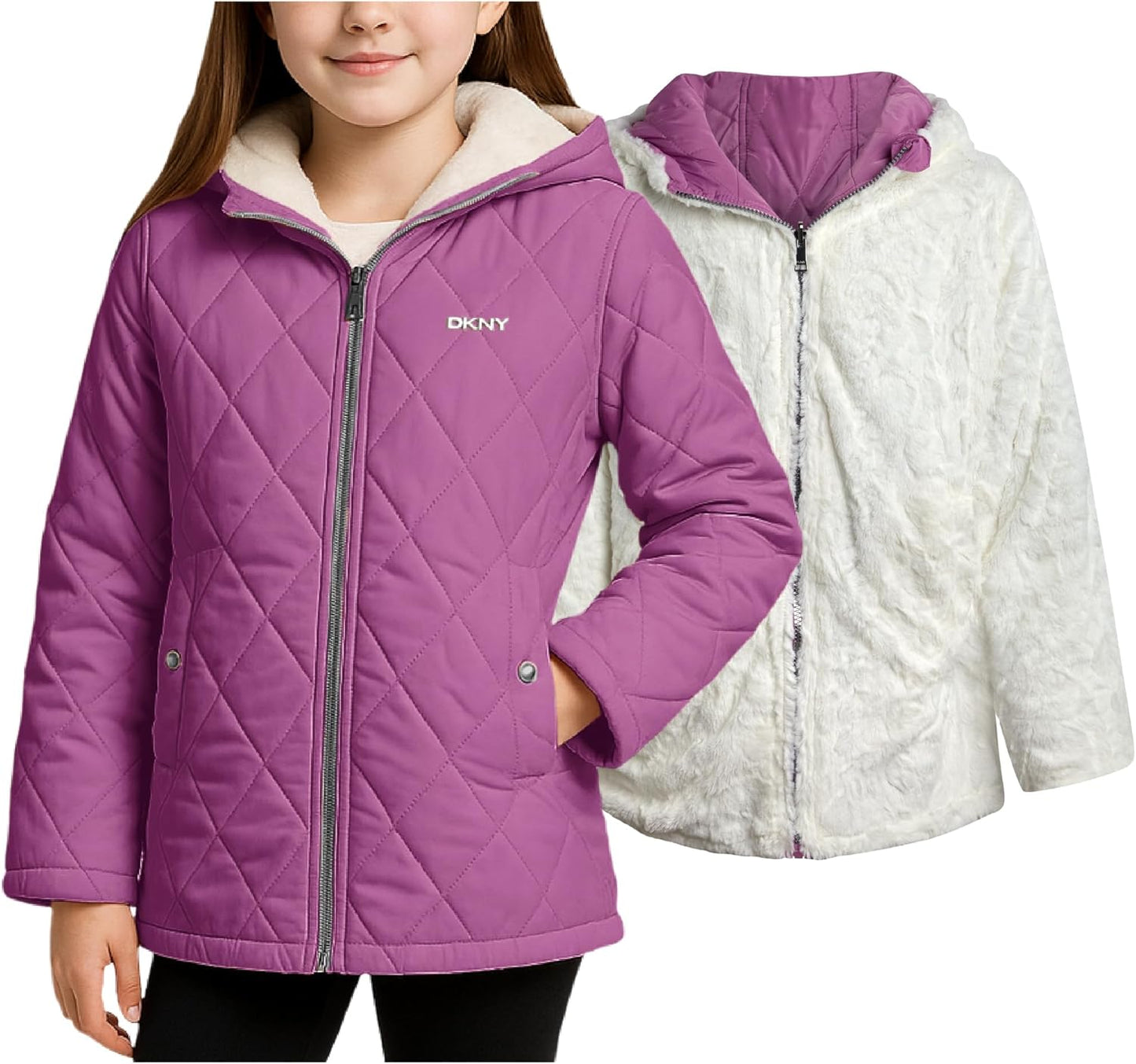 DKNY Reversible Girls Winter Coat - Cozy Quilted Puffer Jacket