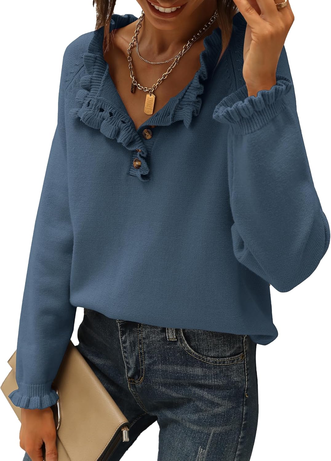 BTFBM Womens Sweaters Long Sleeve Ruffle Crew Neck Pullover