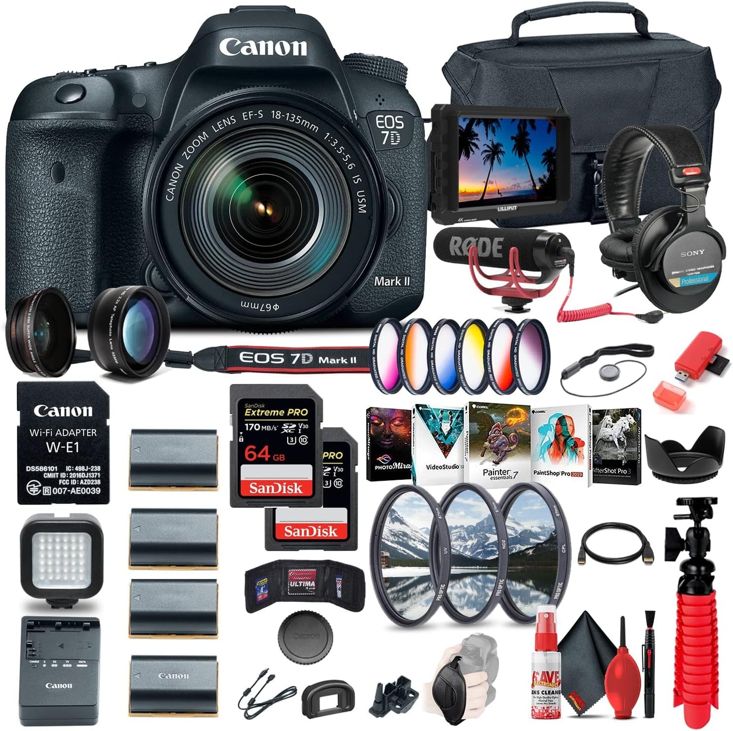 Canon 7D Mark II DSLR Bundle: Wi-Fi, 4K Monitor, Pro Audio, 128GB Cards