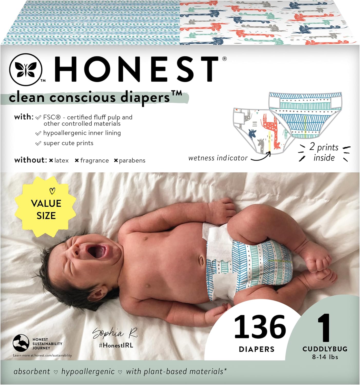 The Honest Company Plant-Based Diapers | Sustainable Prints | Size 1, 136 Count