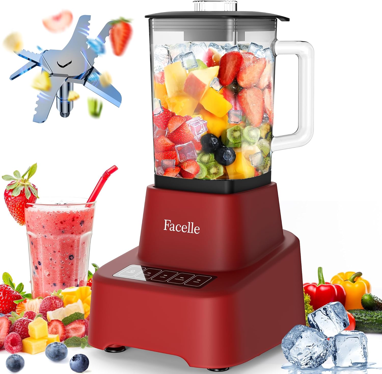 Facelle Touchscreen Blender - 3 Speeds, 55 oz Glass Jar, Smoothie Maker