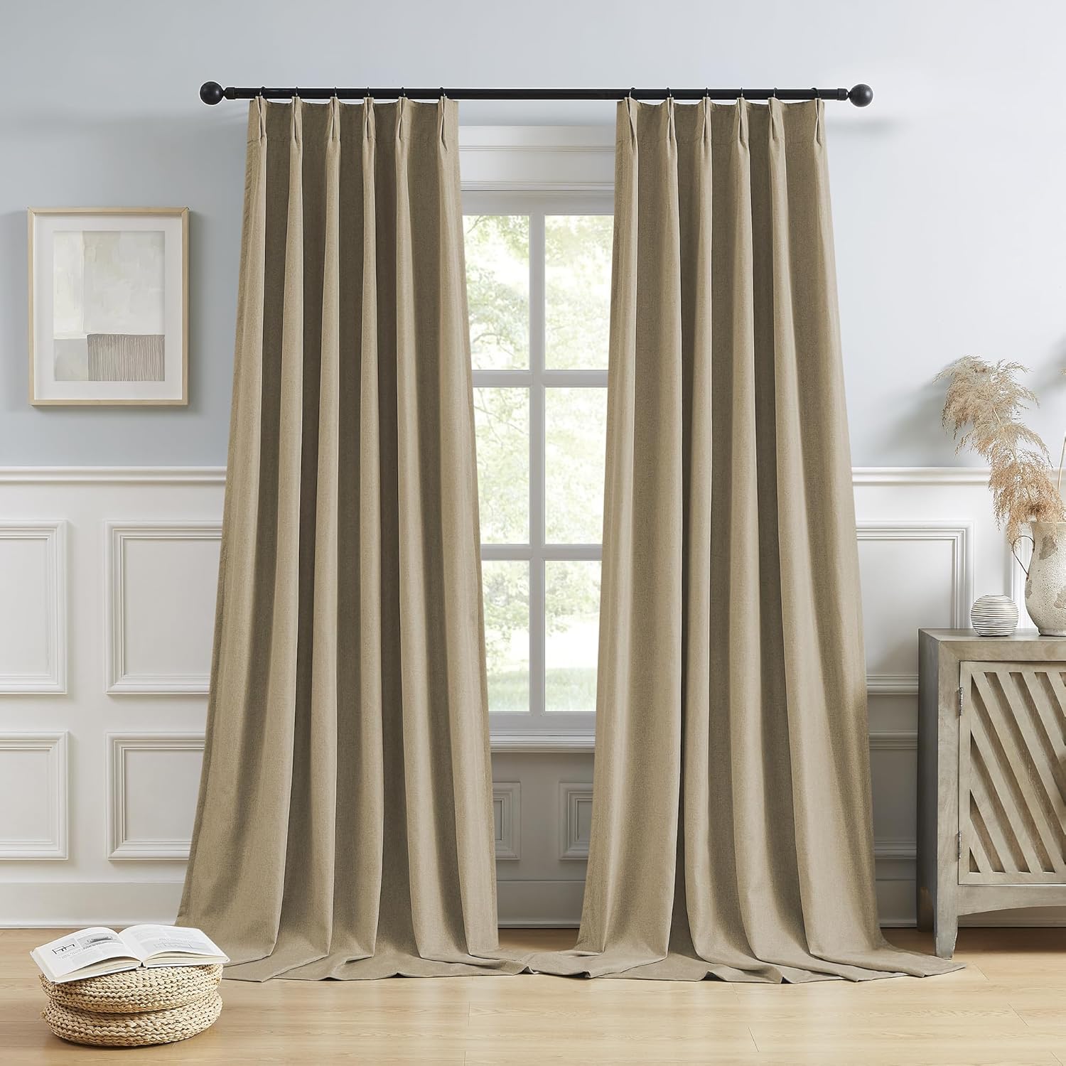 DUALIFE Taupe Blackout Pinch Pleated Curtains for Bedroom