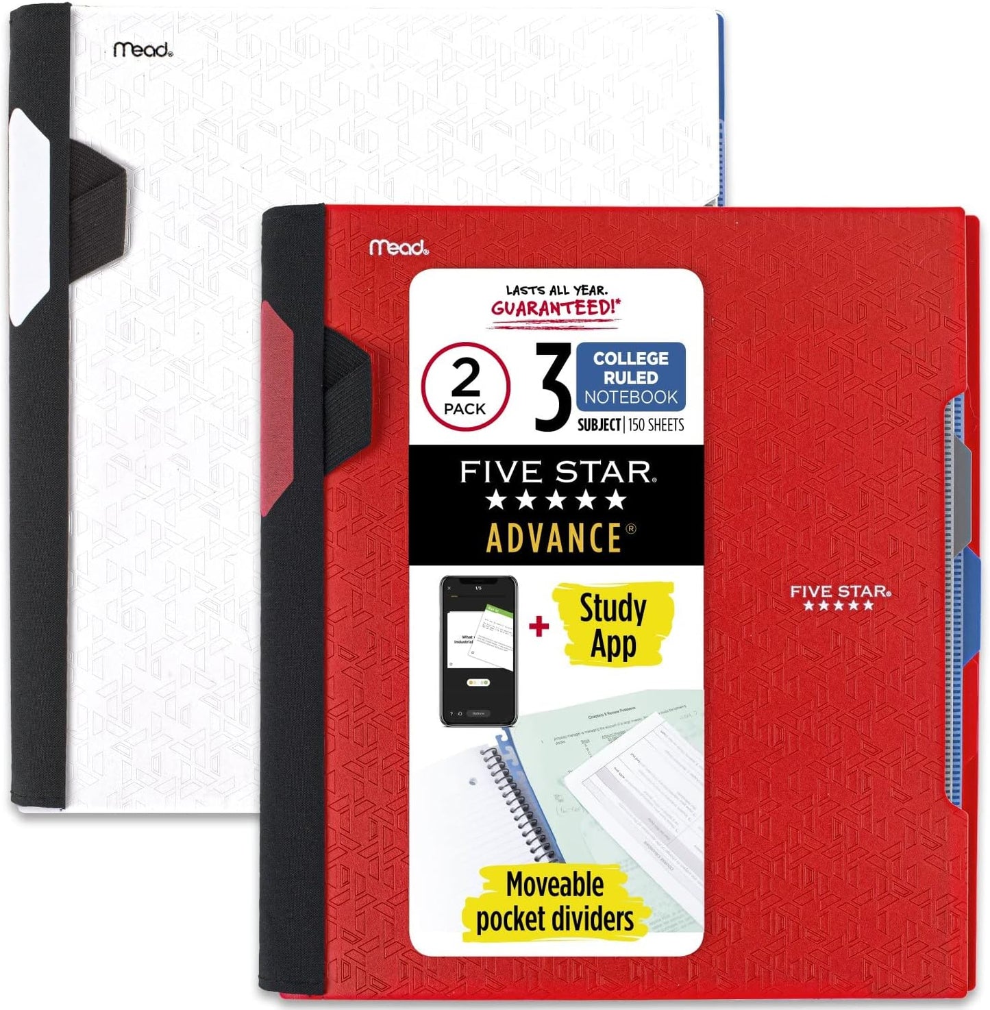 Five Star 3-Subject Notebooks + Study App, 2-Pack - College Ruled, 150 Sheets