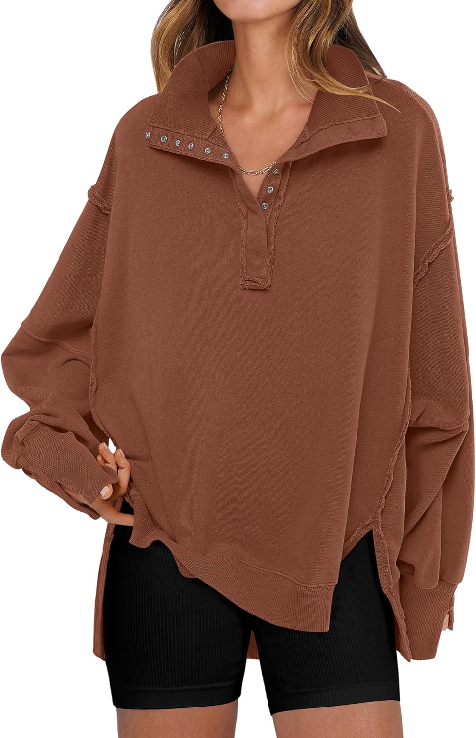 Oversized Casual Button Up Henley Pullover Top for Women