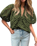 BTFBM Womens Casual Summer Blouse - Hollow Out Eyelet V Neck