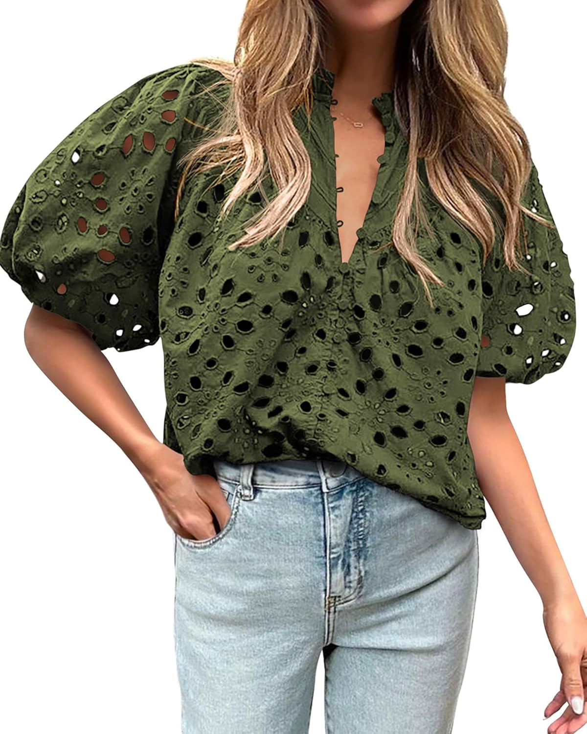 BTFBM Womens Casual Summer Blouse with Eyelet Embroidery Design