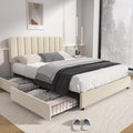Full Size Upholstered Bed Frame with 4 Drawers - Beige Velvet Storage