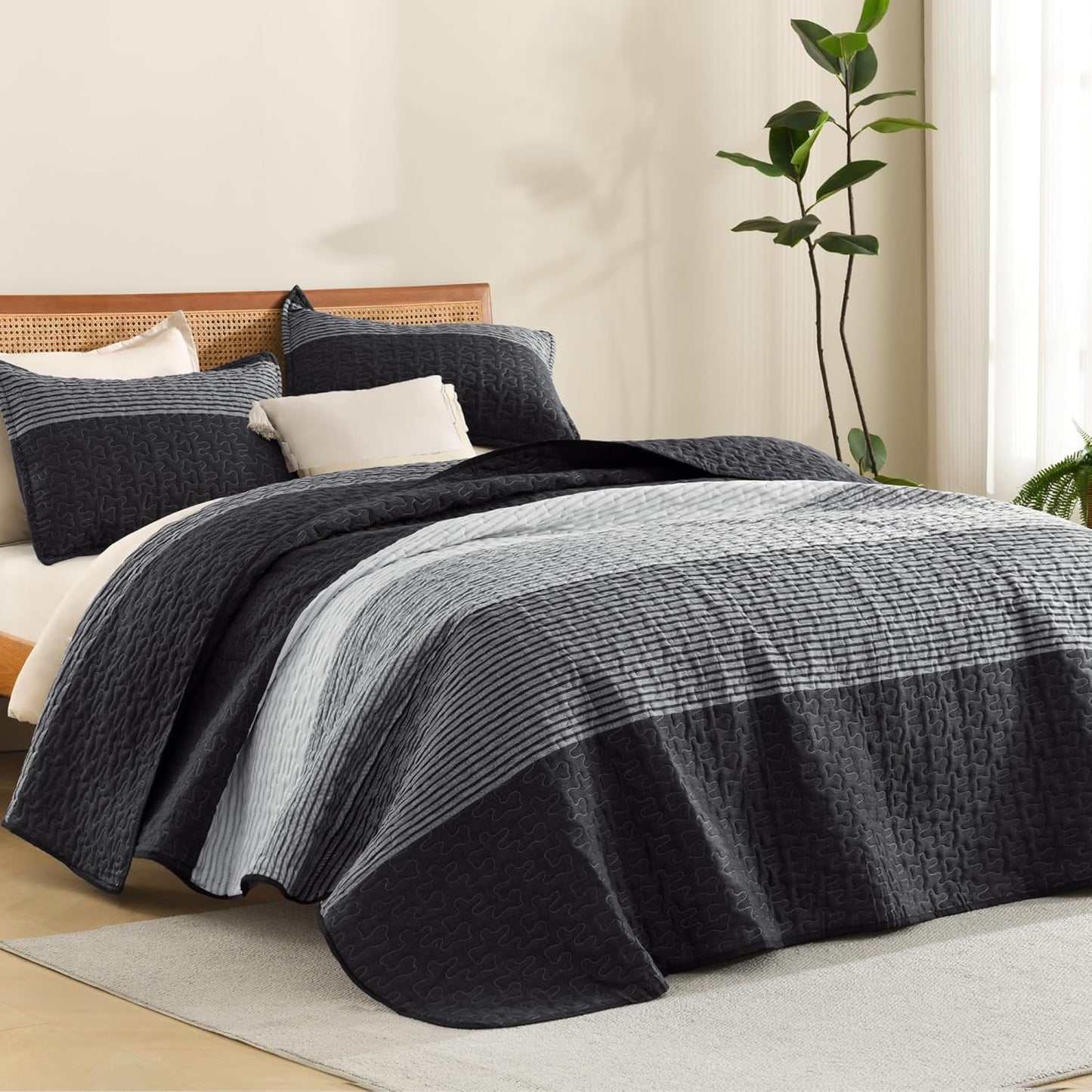 Litanika Quilt Queen Size Black Grey White Stripe Bedspread Set