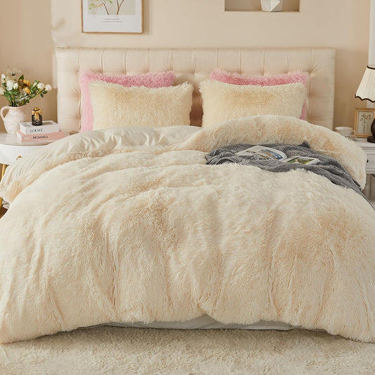EMME Luxury Fuzzy Duvet Cover Set for Twin Bed - Cream White