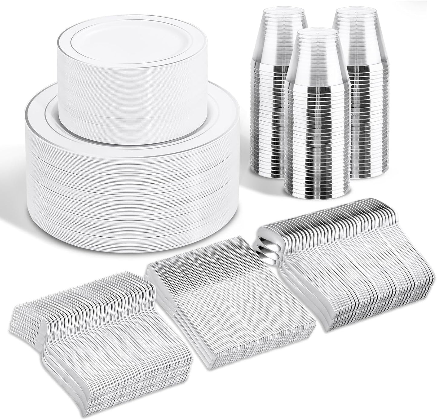 WELLIFE 300Pcs Silver Elegant Plastic Dinnerware Set for Parties