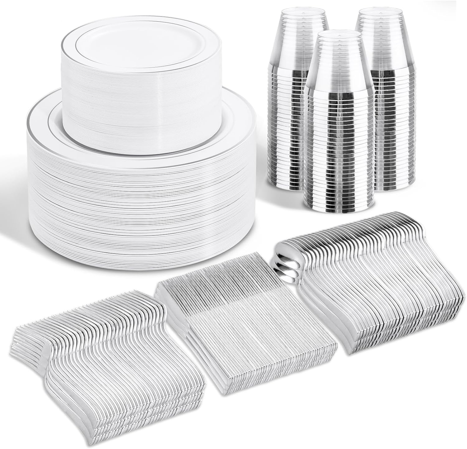 WELLIFE 300Pcs Silver Elegant Plastic Dinnerware Set for Parties