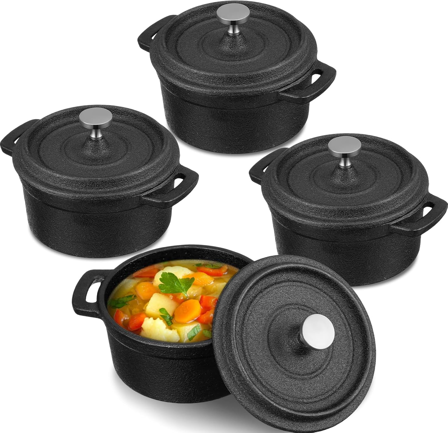 Mini Dutch Oven Set of 4 - Cast Iron Cocotte for Cooking
