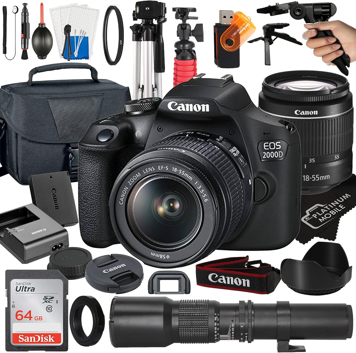 Canon EOS 2000D DSLR Camera Bundle with 500mm Lens and More