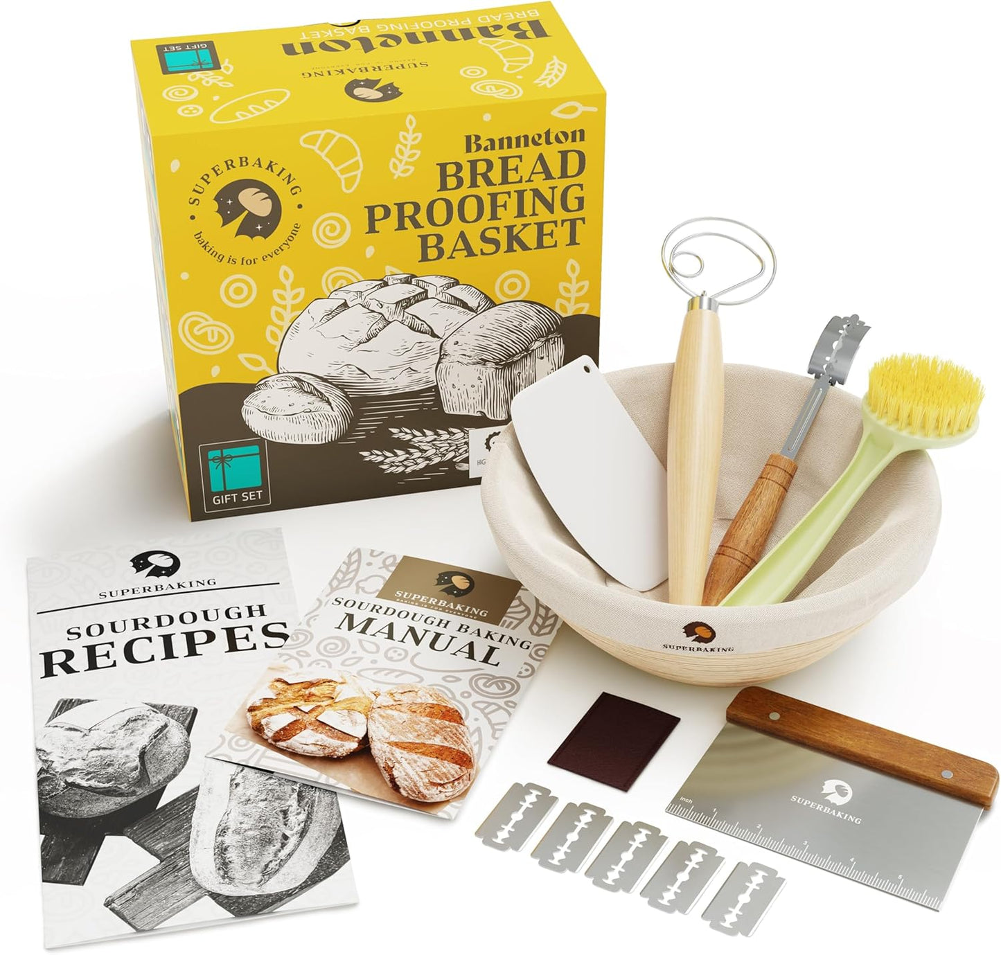 Superbaking 9ft Round Banneton Bread Proofing Basket Gift Set