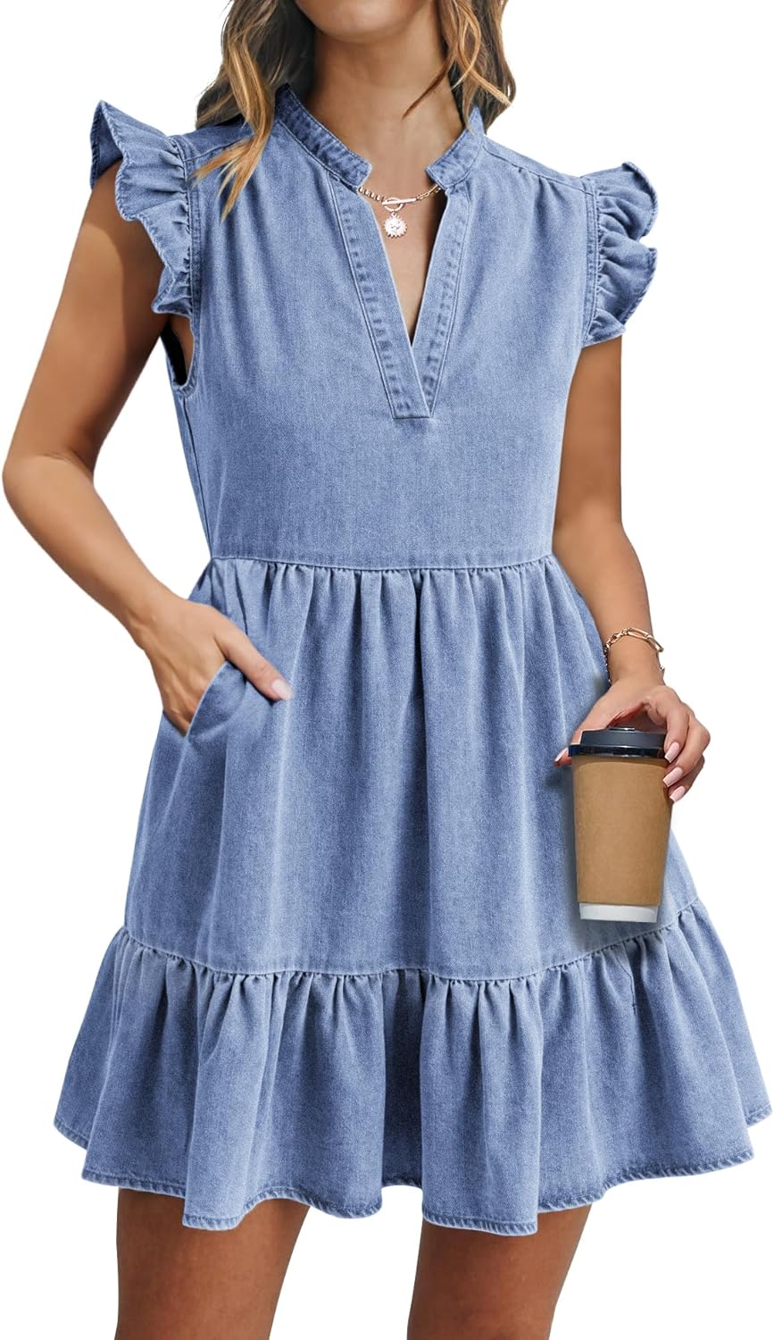 Denim Dress for Women with Ruffle Sleeves and Pockets