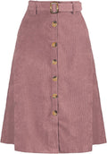 Womens High Waist Corduroy A-Line Midi Skirt - Button Front Belted