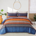 Boho Fall Quilt King Size Blue and Orange Quilt Set - Lightweight