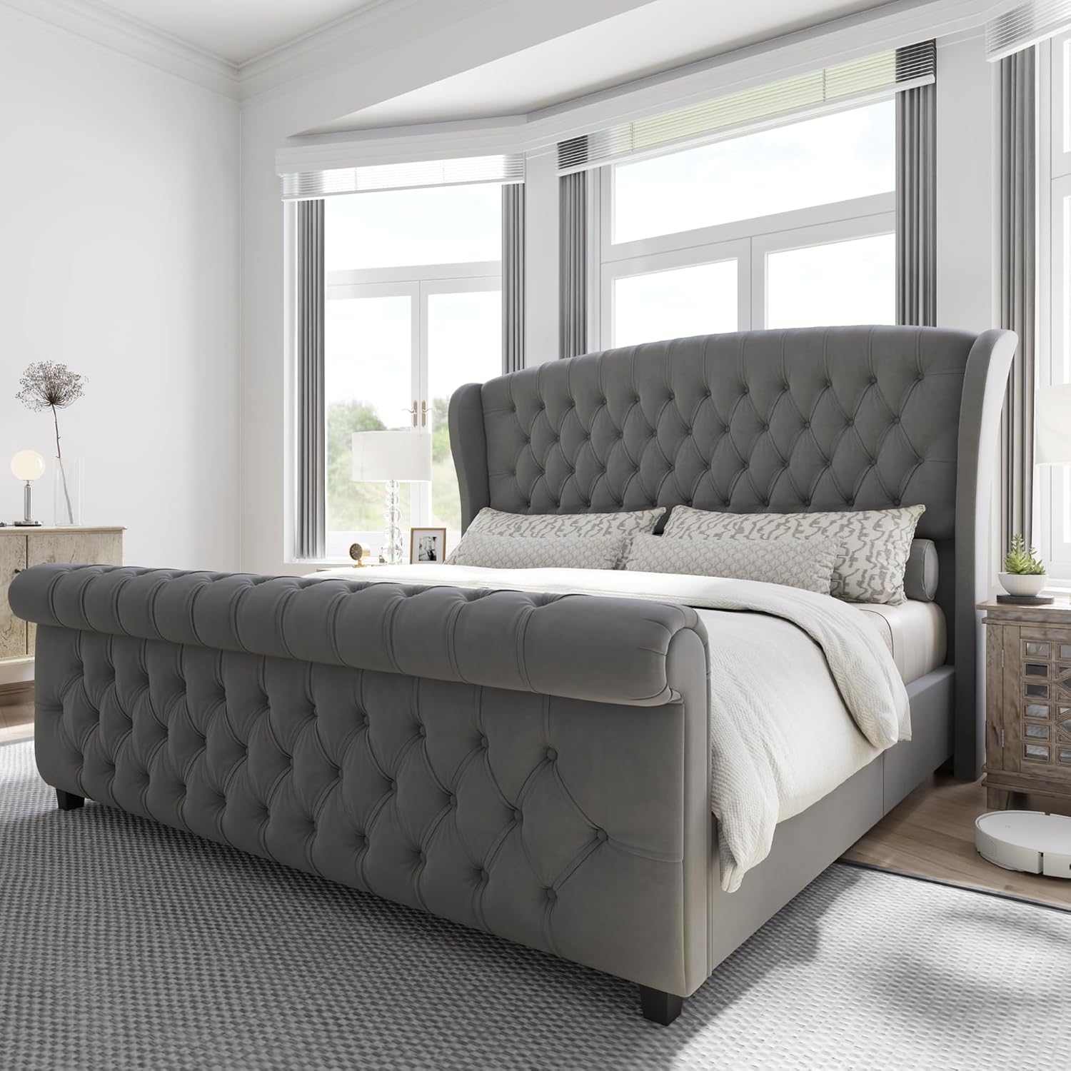 Queen Size Platform Bed Frame with Velvet Upholstery and Style