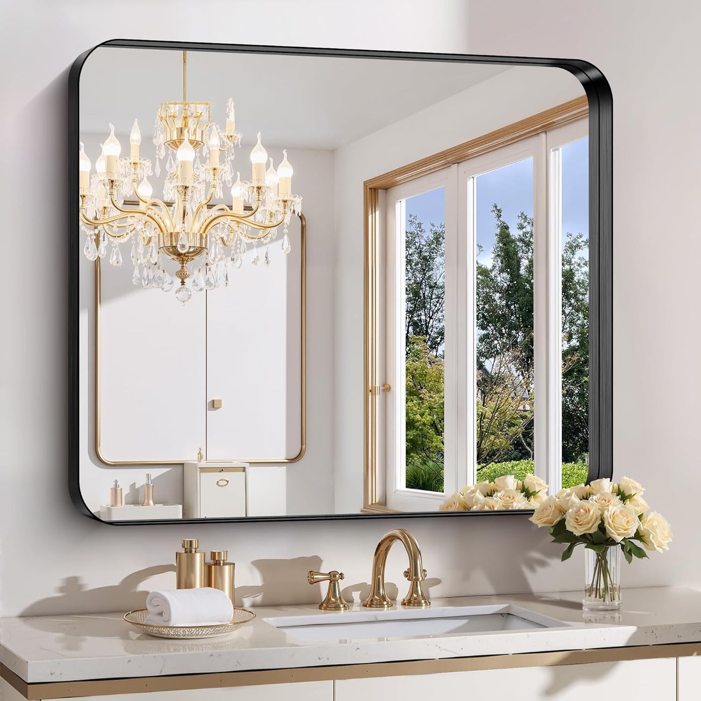 FORBATH 36x40 Inch Bathroom Mirror with Brushed Black Frame