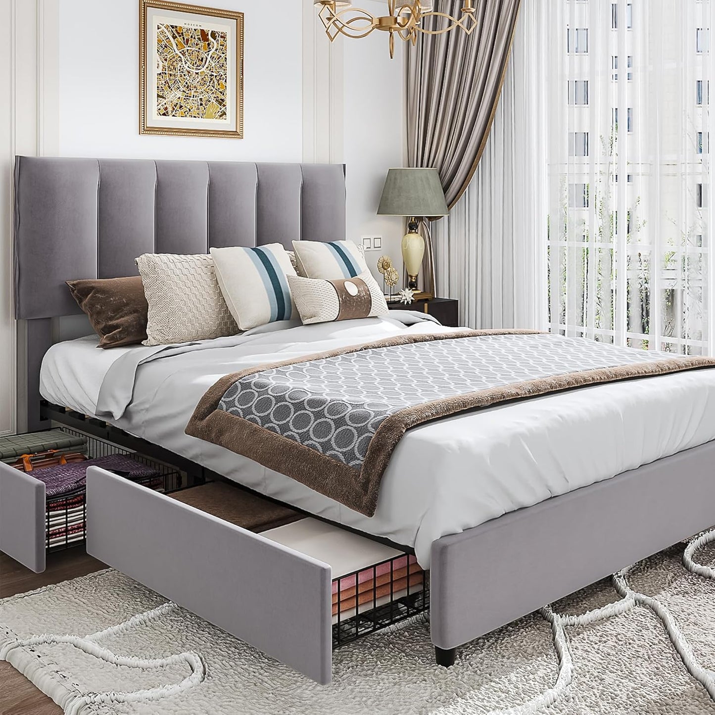 VECELO Queen Upholstered Bed Frame with Storage Drawers
