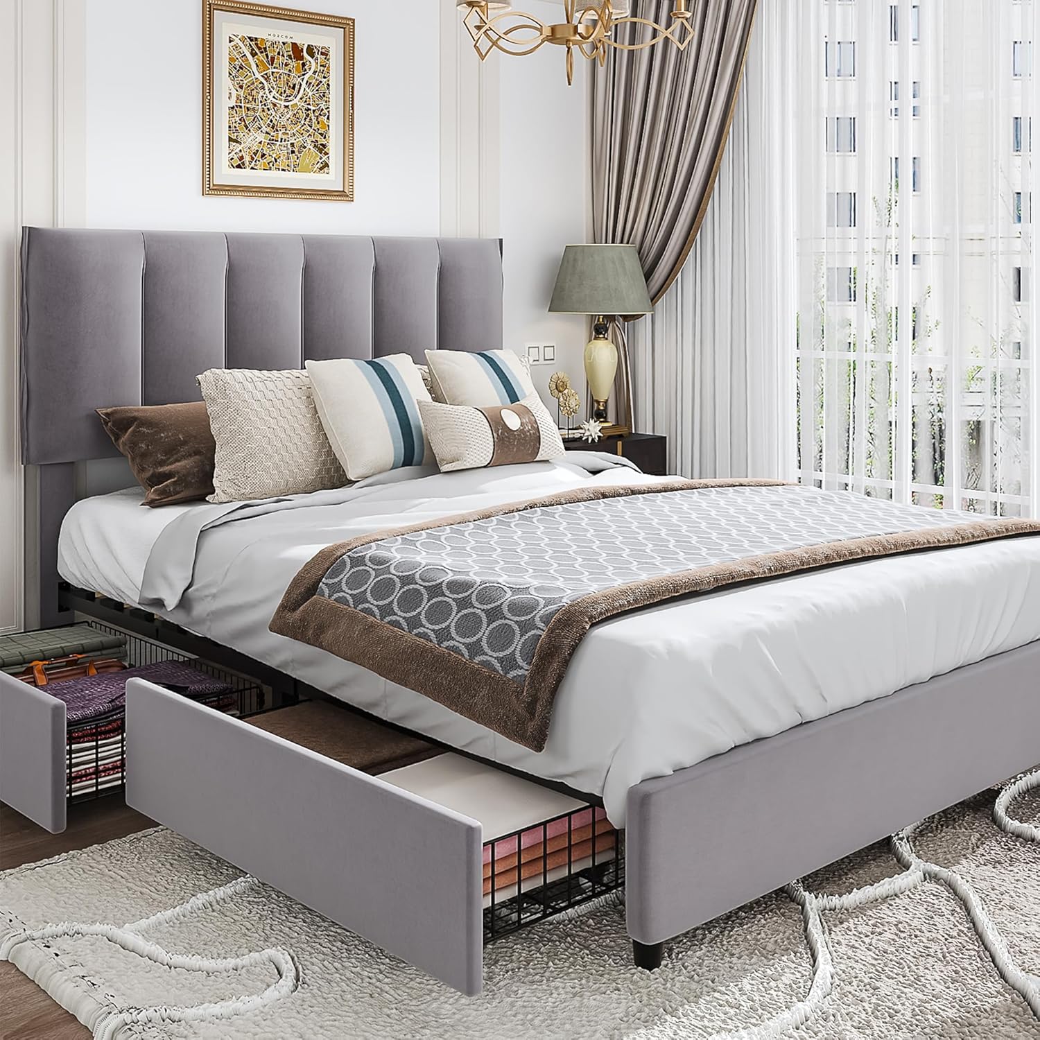 VECELO Queen Upholstered Bed Frame with Storage Drawers