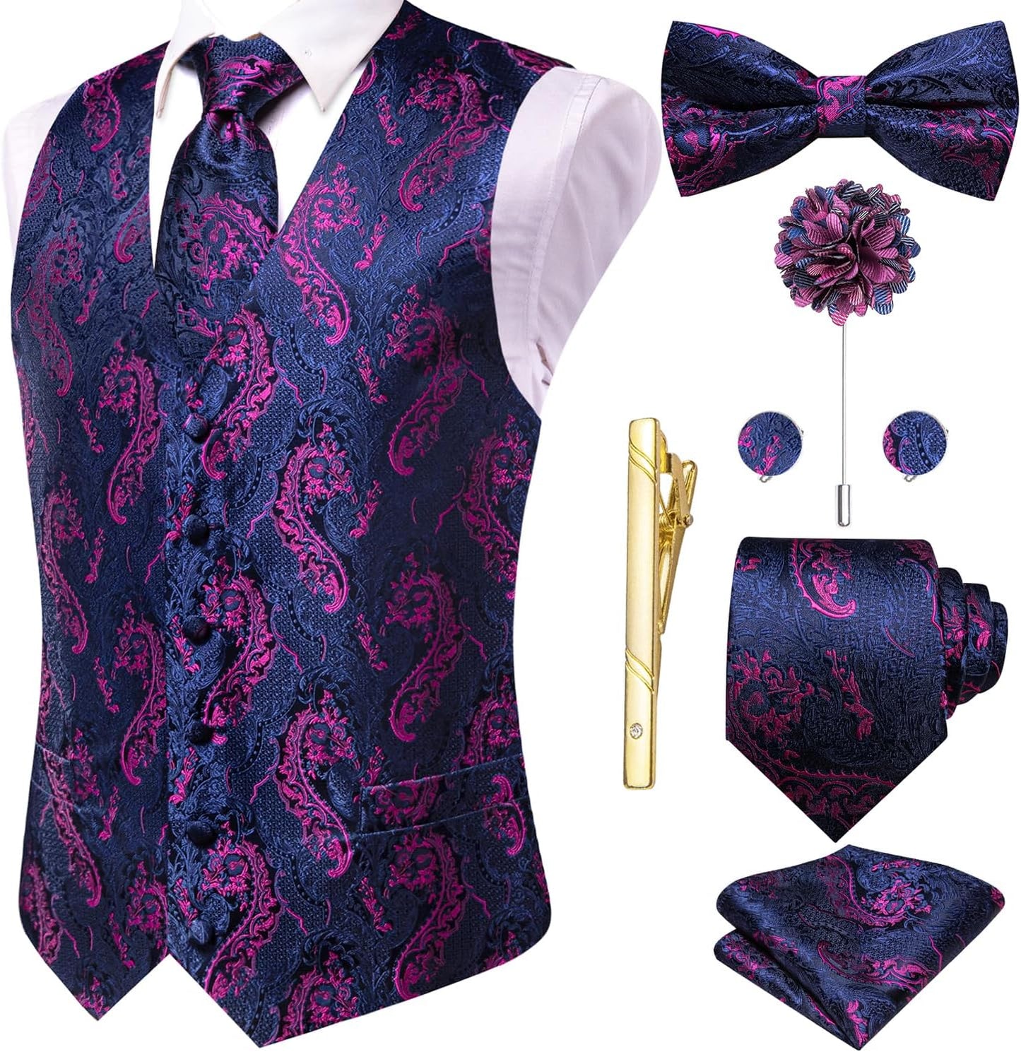 Hi-Tie Silk Mens Suit Vest Set with Tie and Bowtie for Weddings