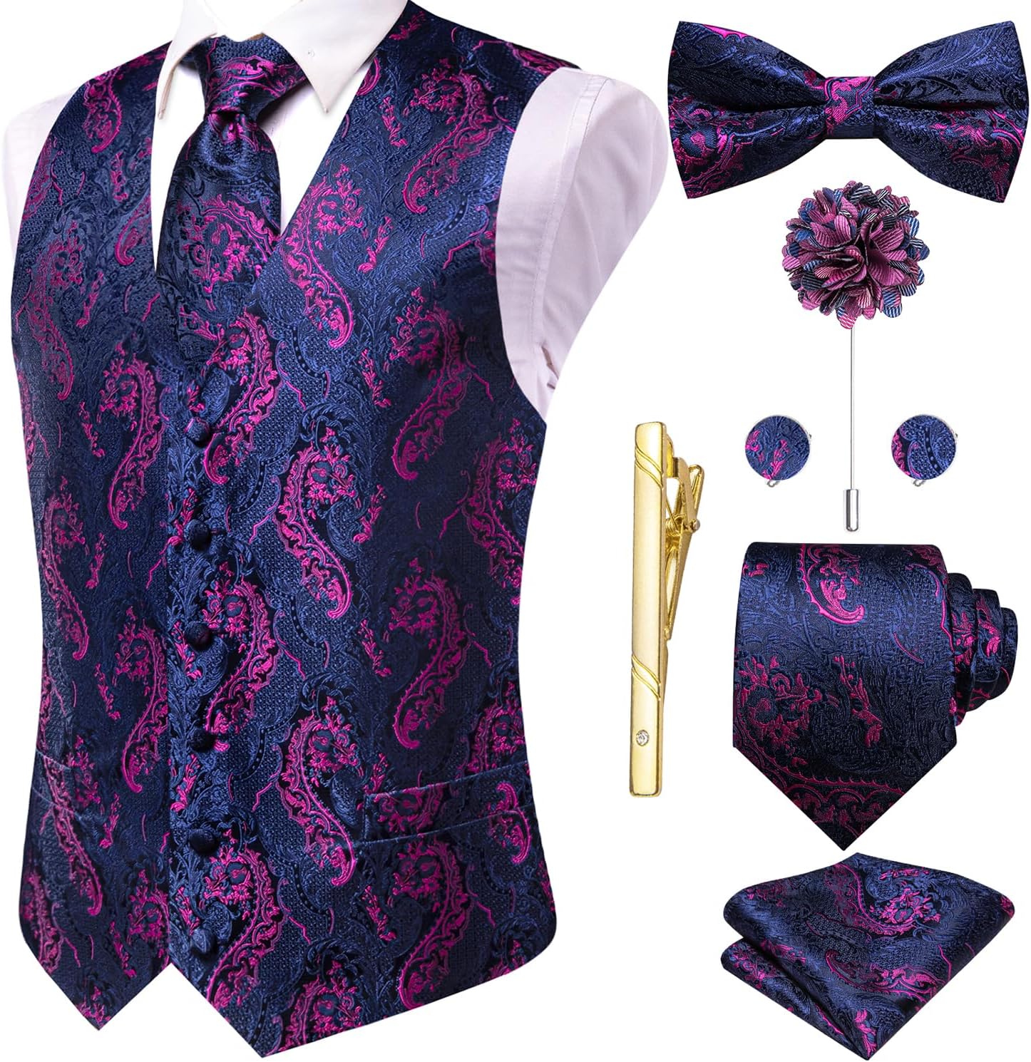 Hi-Tie Silk Mens Suit Vest Set with Tie and Bowtie for Weddings