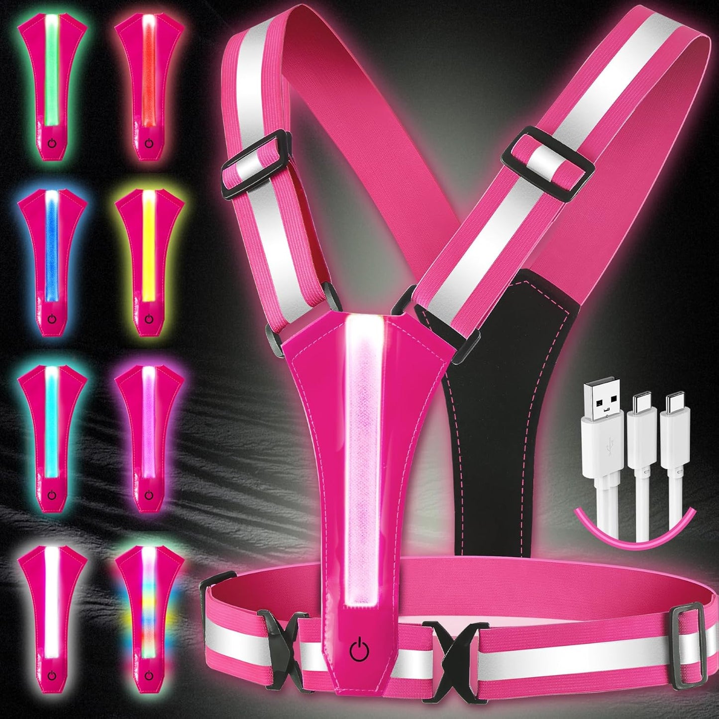 USB-C LED Reflective Vest - 8 Colors, High Visibility, Rechargeable