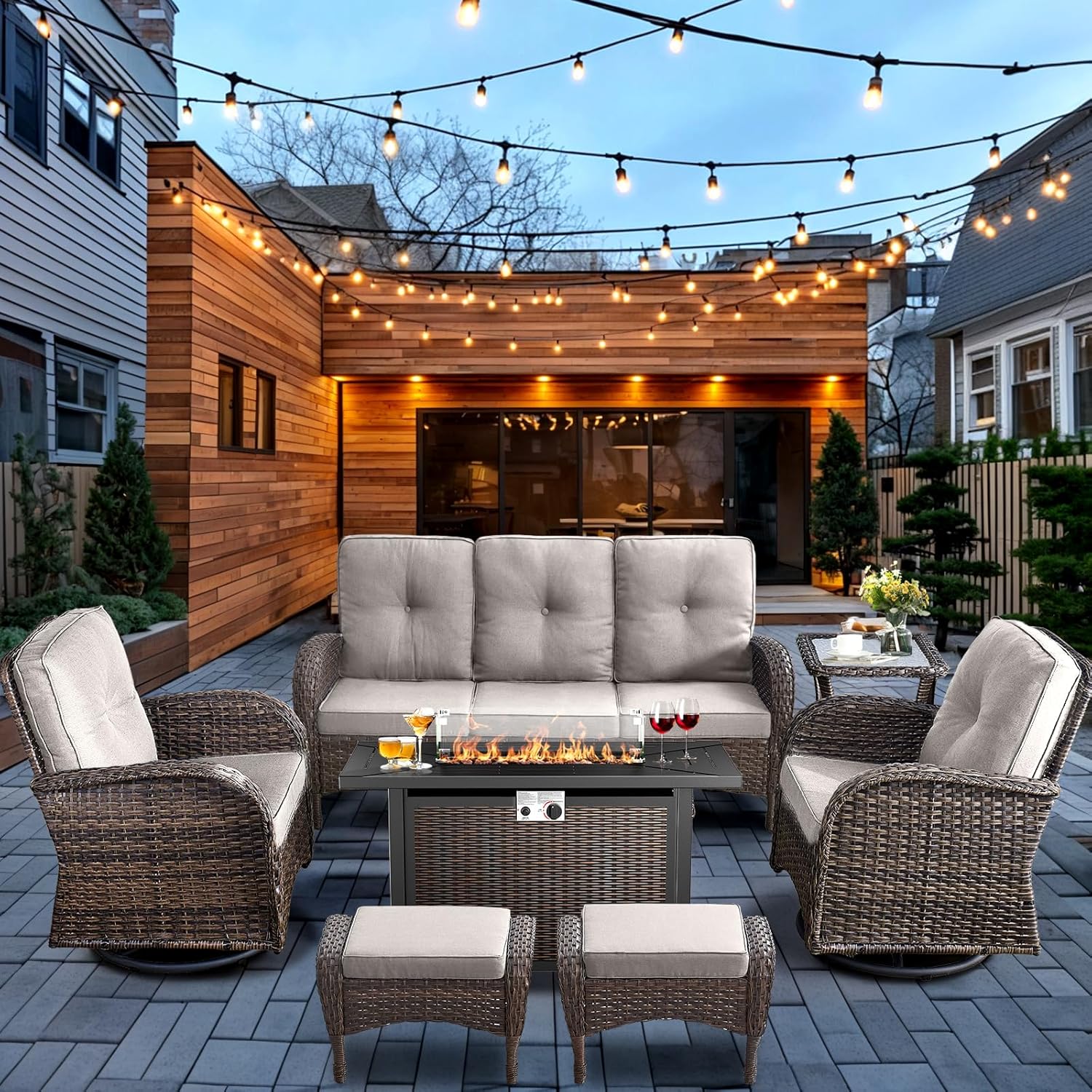 7-Piece Wicker Patio Furniture Set with Fire Pit for Outdoor Use