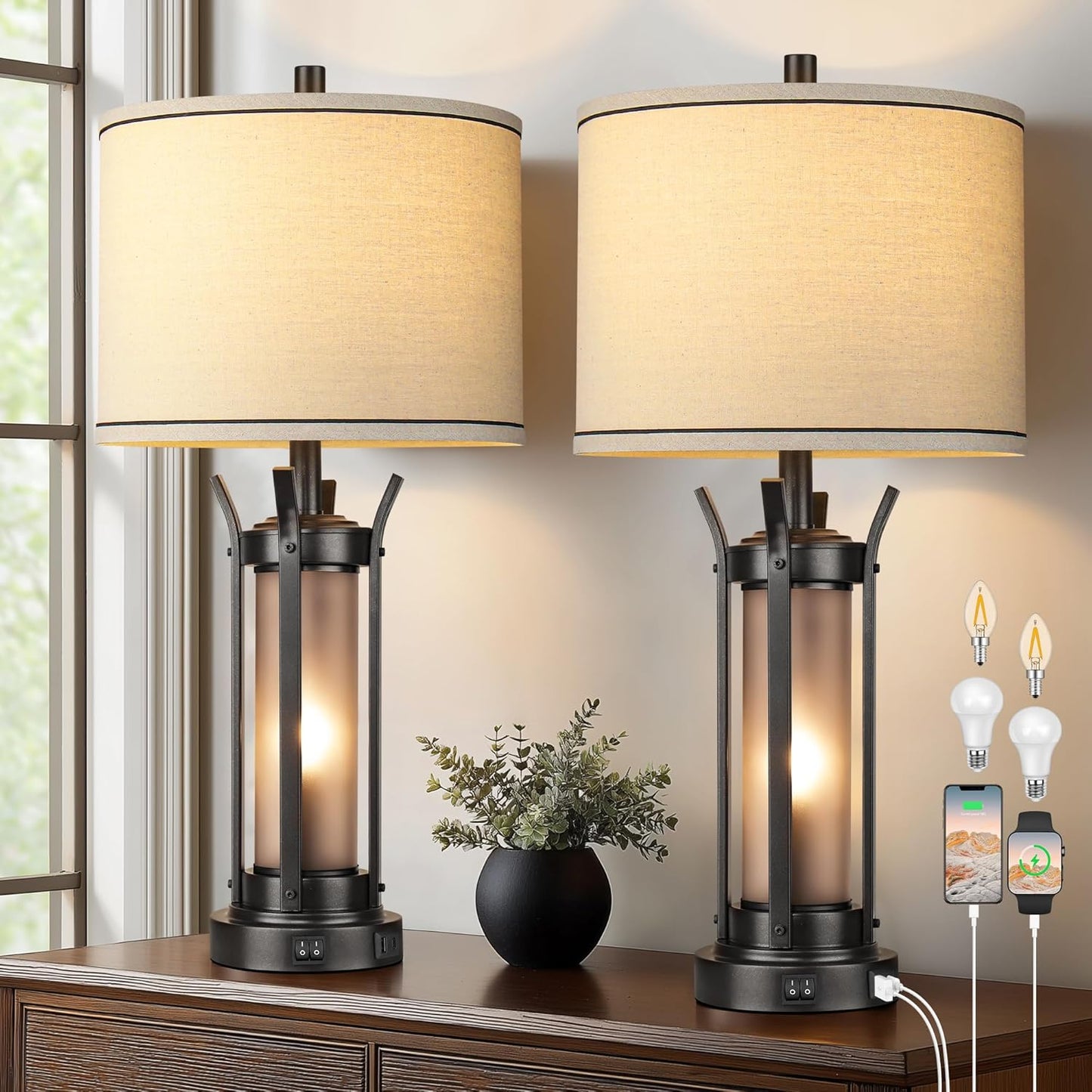 Rustic Farmhouse Table Lamps with USB Ports for Cozy Lighting