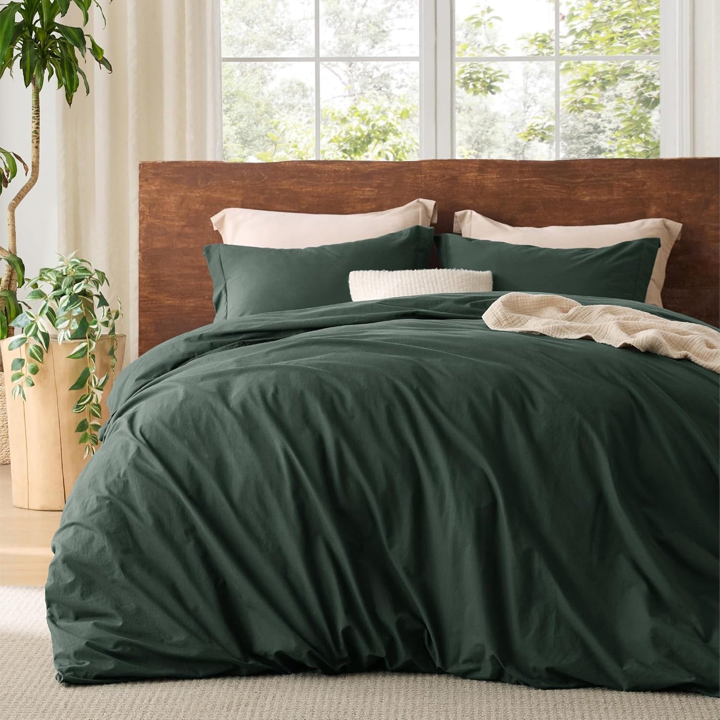 Bedsure 100% Washed Cotton Duvet Cover King Size in Forest Green