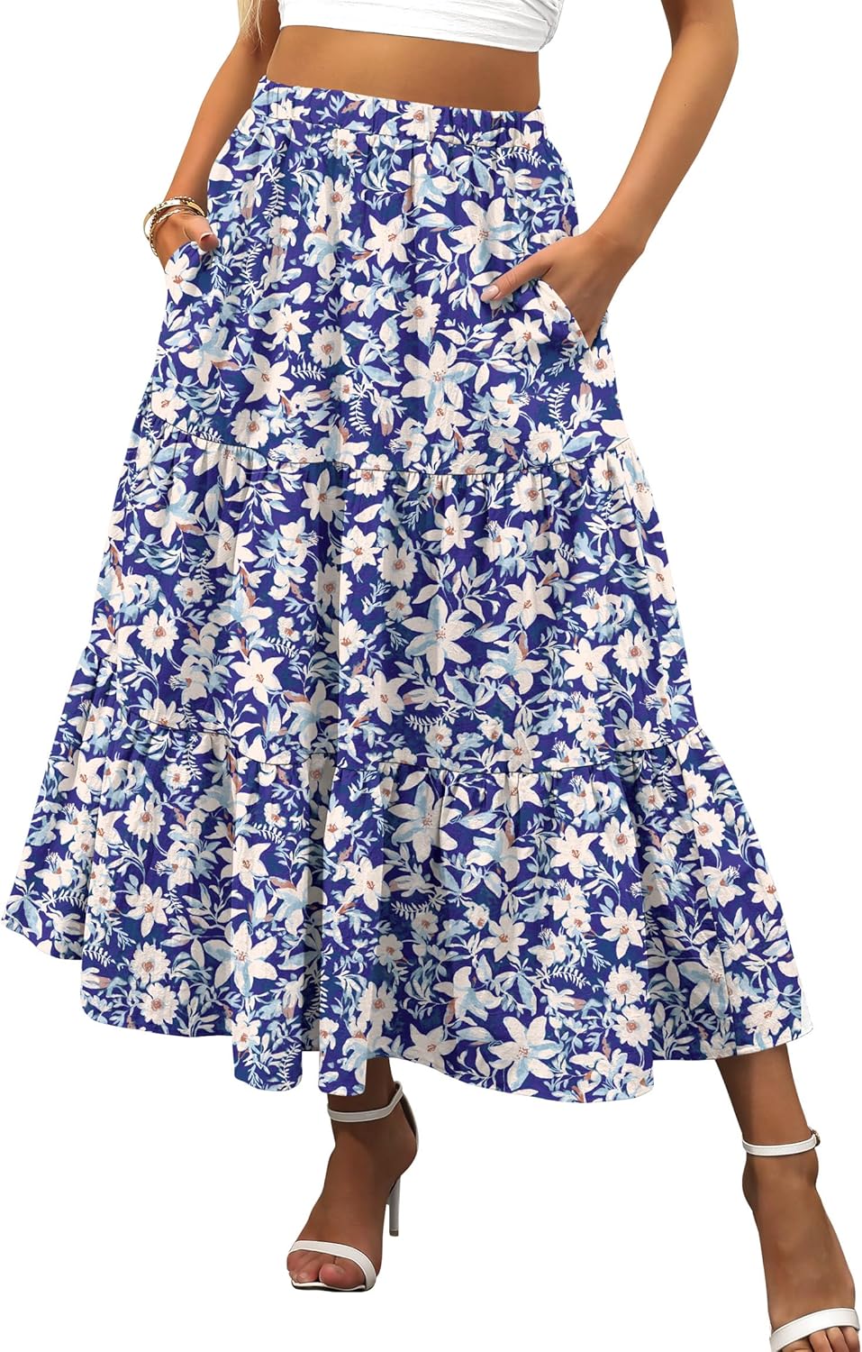 ANRABESS Womens Summer Boho Flowy Swing Tiered Maxi Skirt