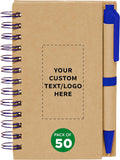 Custom Mini Spiral Notebooks with Black Ink Pens Set of 50 - Portable