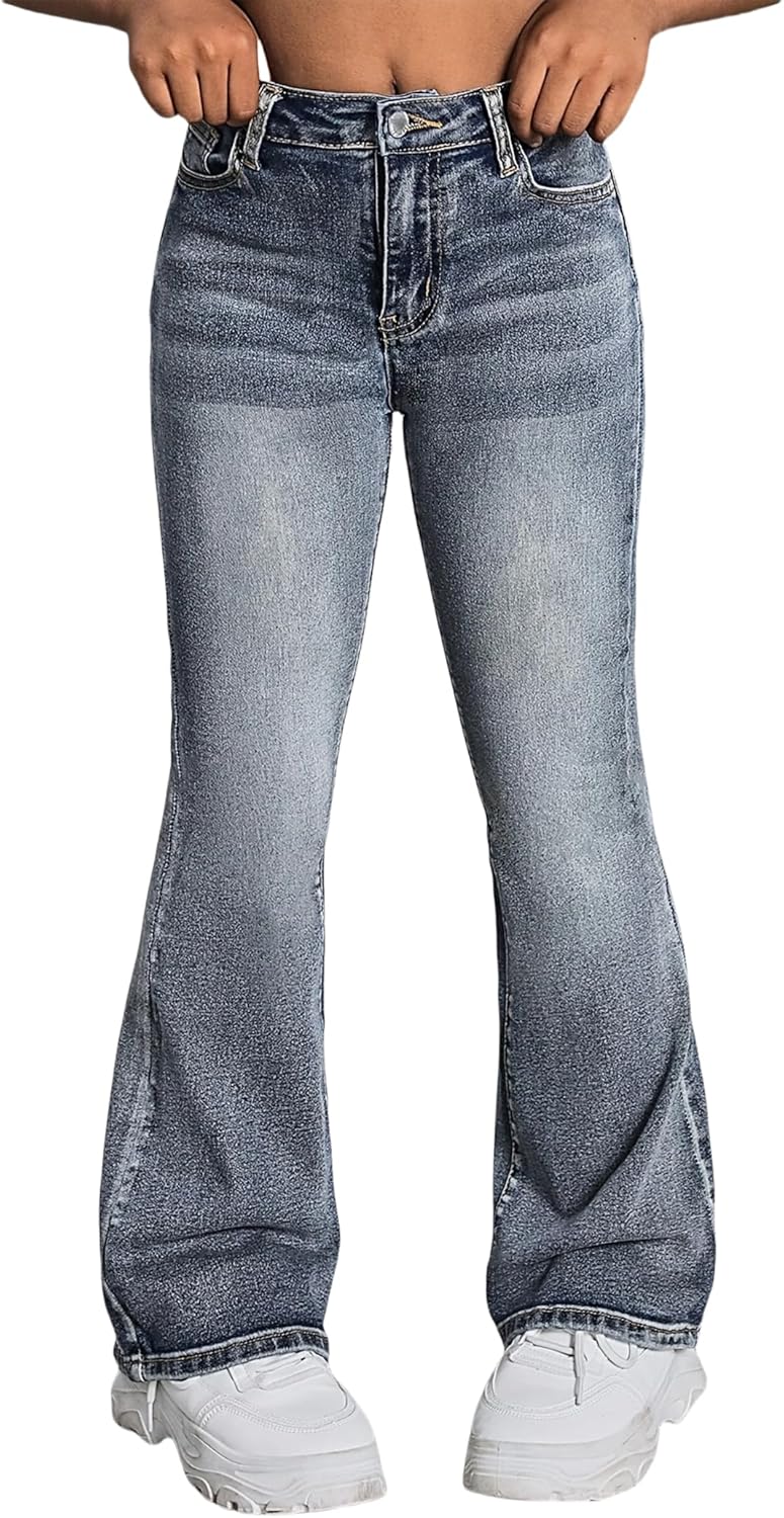 Girls Jeans Flare High Elastic Waist Denim Pants for Y2K Style