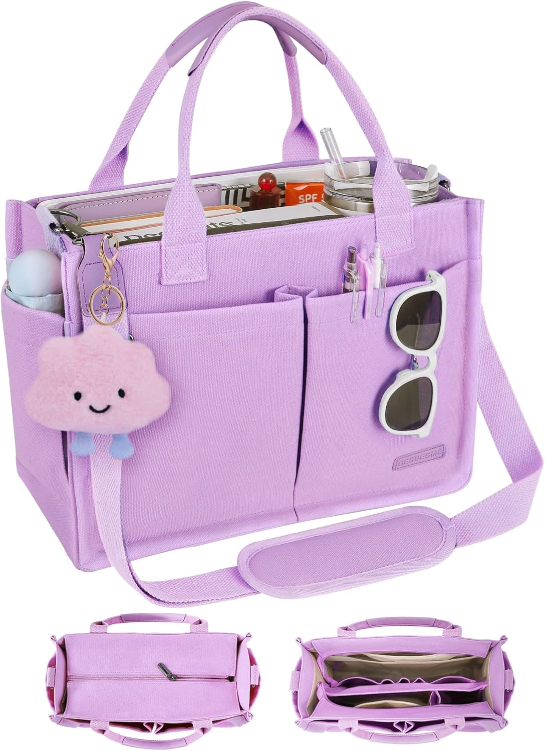 BESBESME Canvas Tote Bag for Women with Zipper & Compartments
