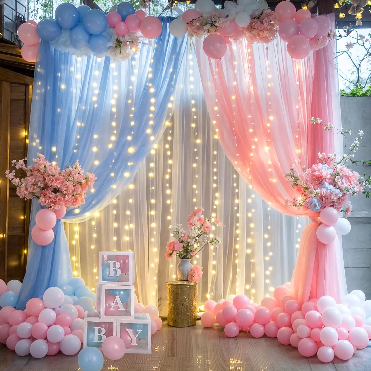 Pink and Blue Backdrop Curtains with Lights for Celebrations