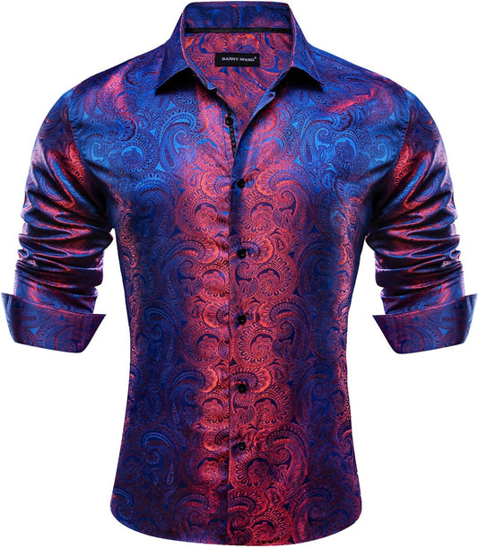 Barry.Wang Men Dress Shirts Paisley 70s Disco Button Down