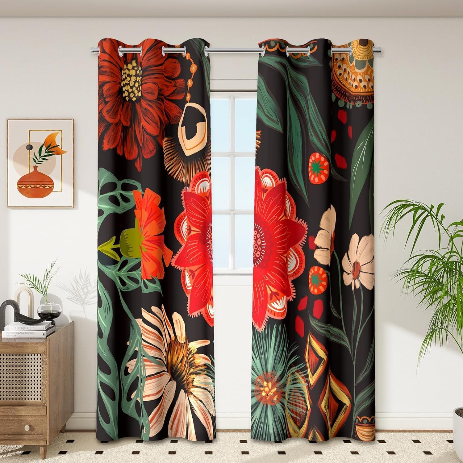 Black Boho Floral Blackout Curtains for Living Room 63 in