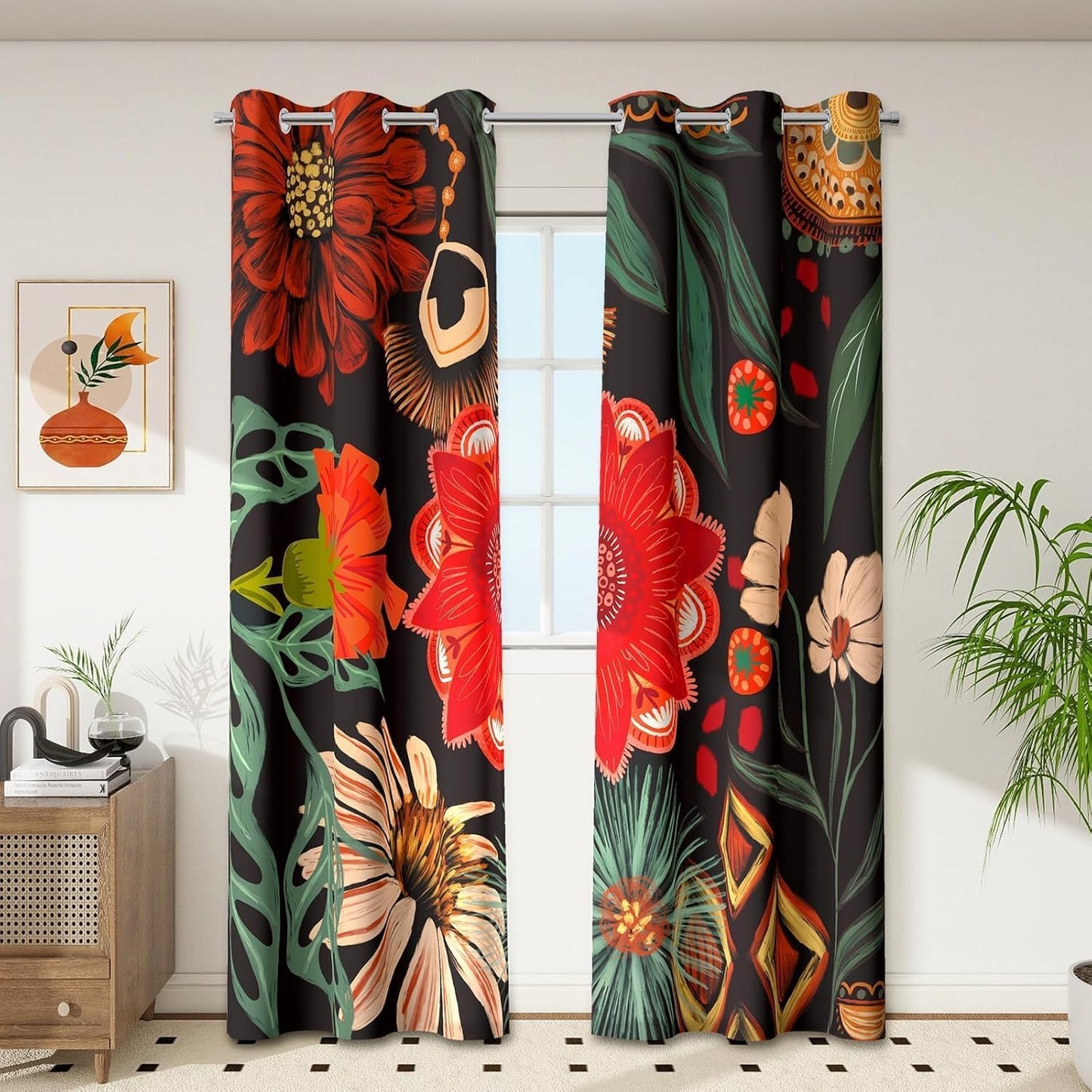Black Boho Floral Blackout Curtains for Living Room 84 in Long