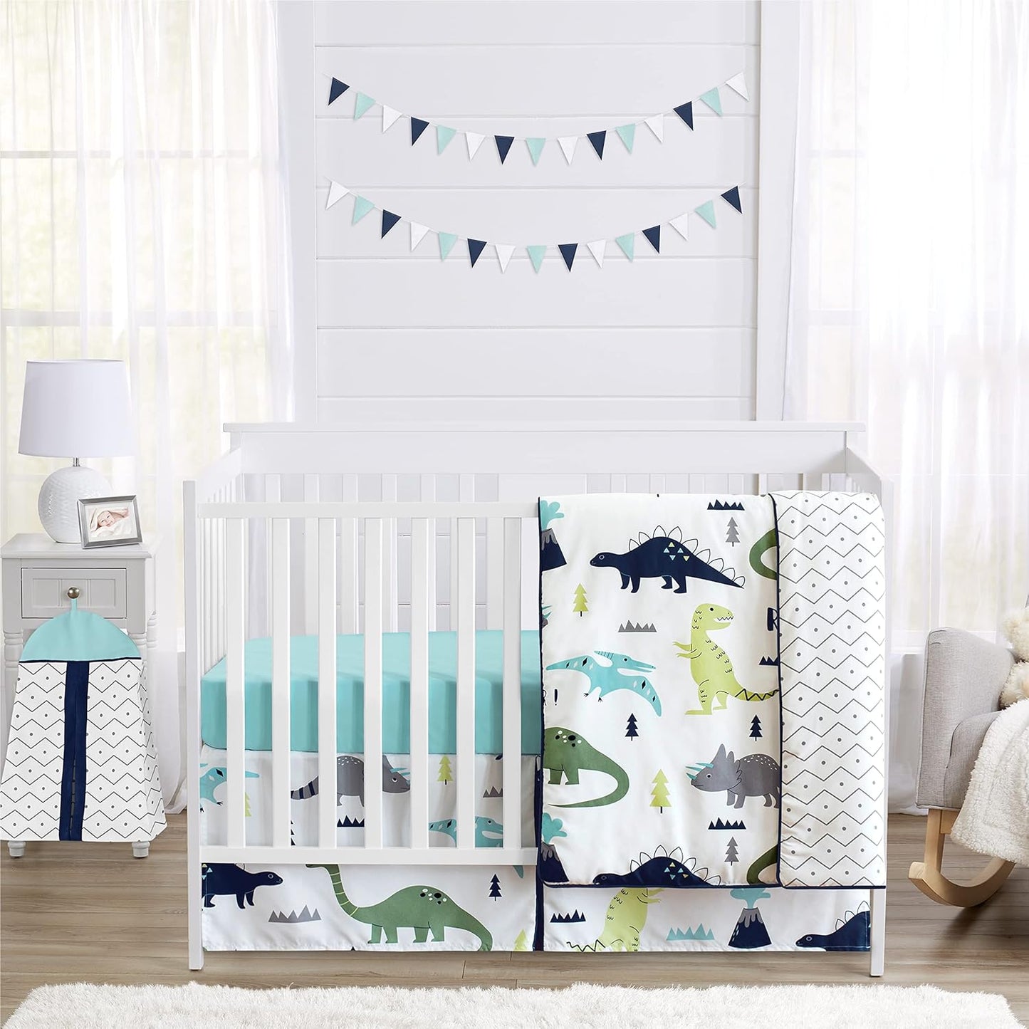 Navy Blue and Green Modern Dinosaur Baby Crib Bedding Set
