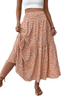 Smocked High Waist Maxi Skirt for Women - Boho Floral with Pockets
