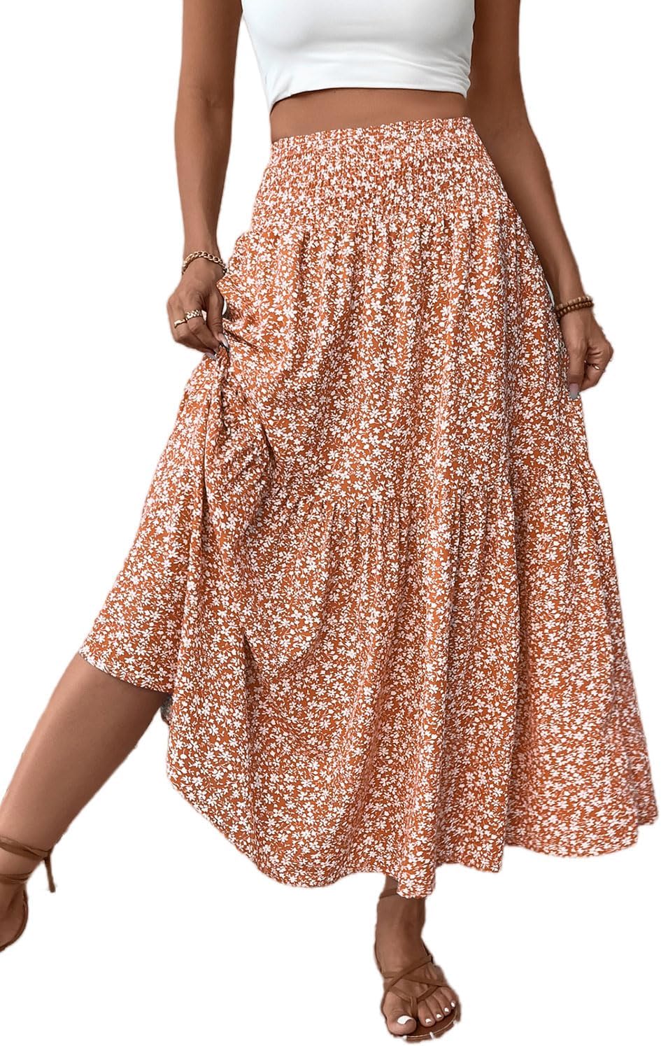 Women's Smocked High Waist Maxi Skirt with Pockets for Style