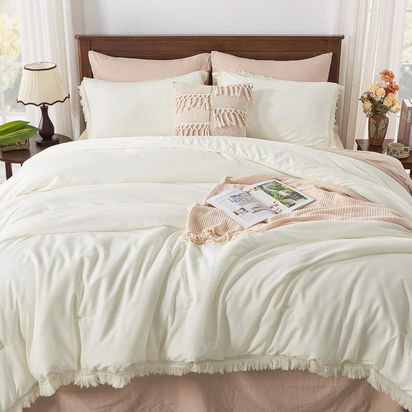 Andency Queen Comforter Set Ivory with Boho Tassel Design