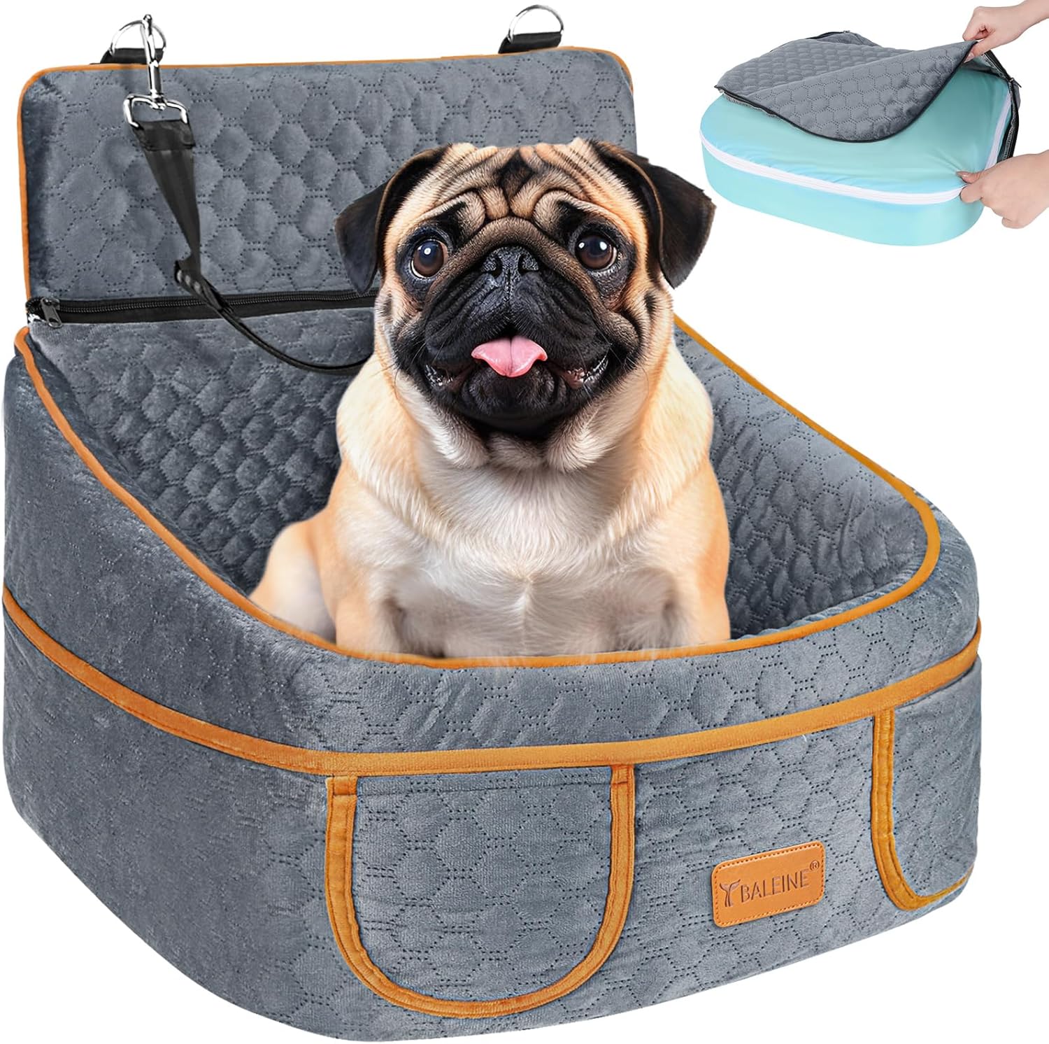 BALEINE Dog Car Seat: Waterproof & Washable, 4 Pockets, <35 lbs, Gray